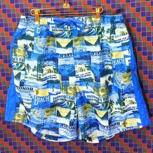 MEN'S ISLANDER SWIM TRUNKS SHORT SHORTS ABOVE THE KNEE SIZE XL HONOLUA POST CARD